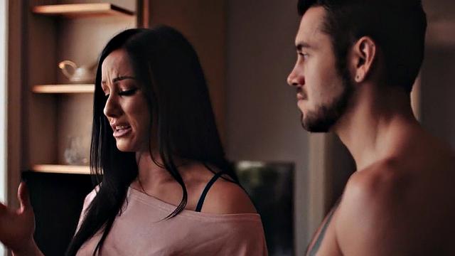 Sinning MILF with natural tits rides stepson's cock