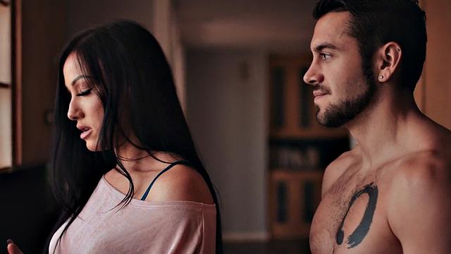 Sinning MILF with natural tits rides stepson's cock