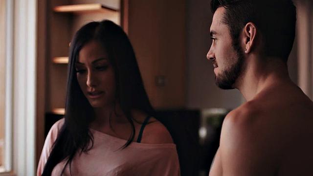 Sinning MILF with natural tits rides stepson's cock