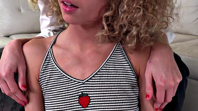 Skinny teen wanks cock and talks dirty in POV 3some