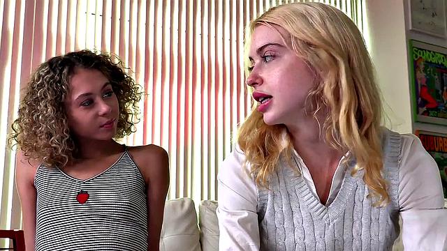Skinny teen wanks cock and talks dirty in POV 3some