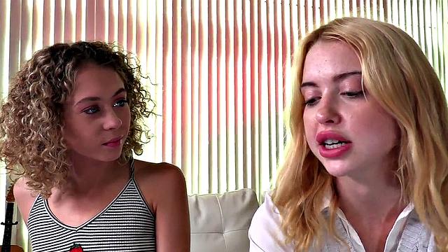 Skinny teen wanks cock and talks dirty in POV 3some