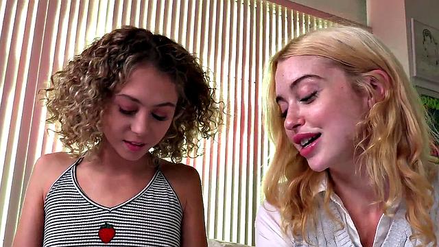 Skinny teen wanks cock and talks dirty in POV 3some