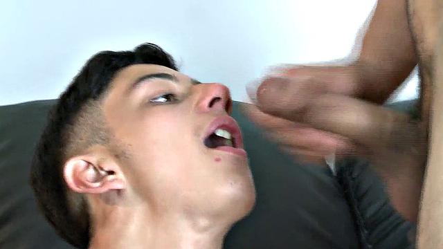 Gay daddies fuck Latin twink in a threesome till cum on face