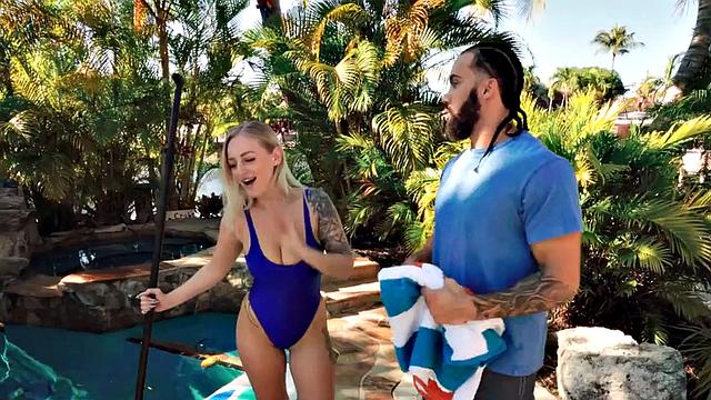 Busty babe deepthroating outdoor fucked in swimming pool