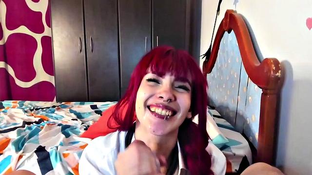 Cute redhead takes a huge cock in her mouth