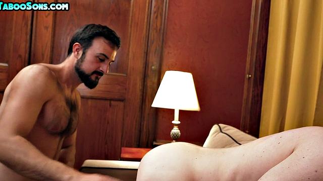 Hairy stepdad fucks stepson's butt in cowboy pose