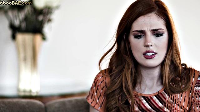 Inked ginger babe rammed on couch before deepthroat