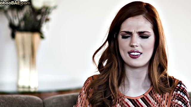 Inked ginger babe rammed on couch before deepthroat