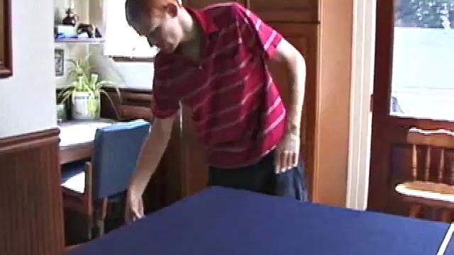 Always horny red haired skater Tristian covers the kitchen table with a large blue towel, stretches out a tape measure the length of the table, pulls out a porn magazine, tugs off his shirt, and gts down to business.