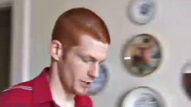 Always horny red haired skater Tristian covers the kitchen table with a large blue towel, stretches out a tape measure the length of the table, pulls out a porn magazine, tugs off his shirt, and gts down to business.