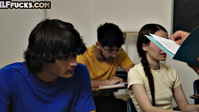 Big-titted GILF banged in her hairy pussy in classroom