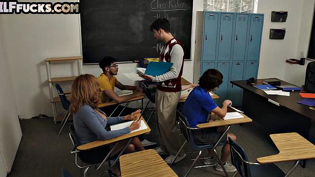 Big-titted GILF banged in her hairy pussy in classroom