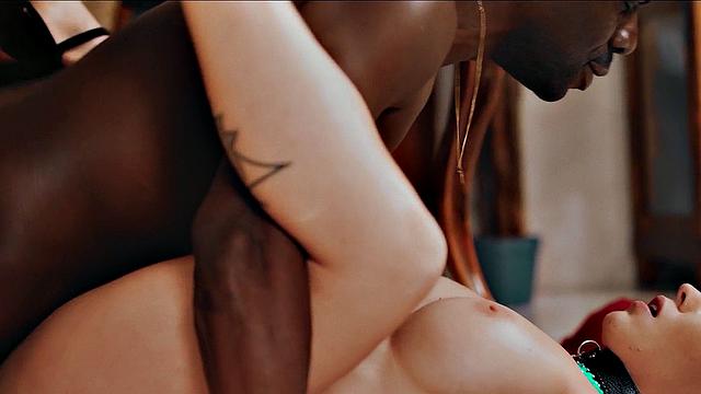 Blonde girlfriend with tattoos takes on a hard ride in a hot interracial couple