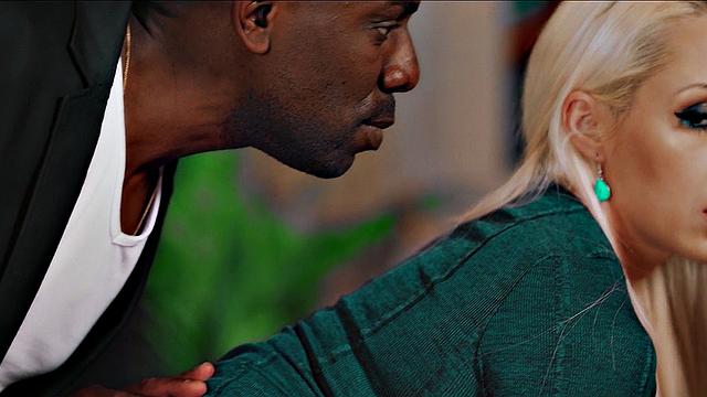 Blonde girlfriend with tattoos takes on a hard ride in a hot interracial couple