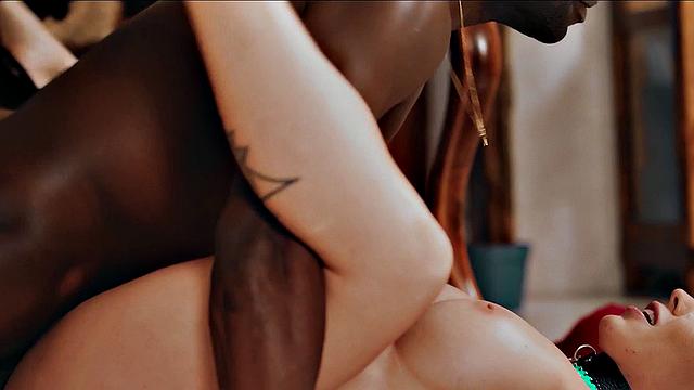 Blonde girlfriend with tattoos takes on a hard ride in a hot interracial couple