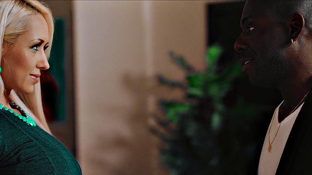 Blonde girlfriend with tattoos takes on a hard ride in a hot interracial couple