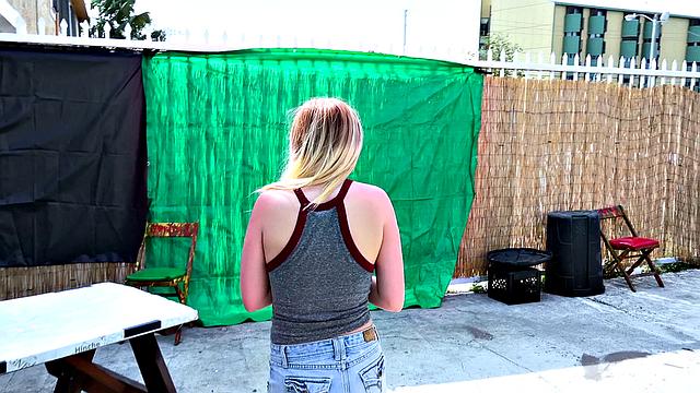 Crystal Young goes wild with deepthroating, cowgirl riding & ball licking in the open air