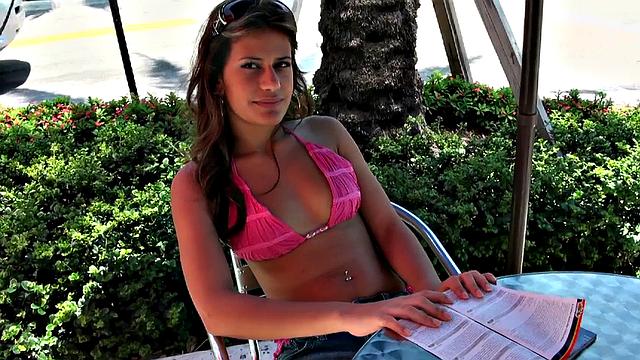Latina hottie with brown hair enjoys a hot outdoor fuck in a bikini