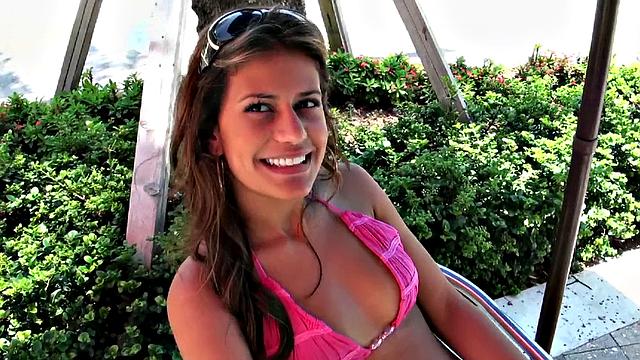 Latina hottie with brown hair enjoys a hot outdoor fuck in a bikini