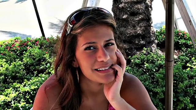 Latina hottie with brown hair enjoys a hot outdoor fuck in a bikini