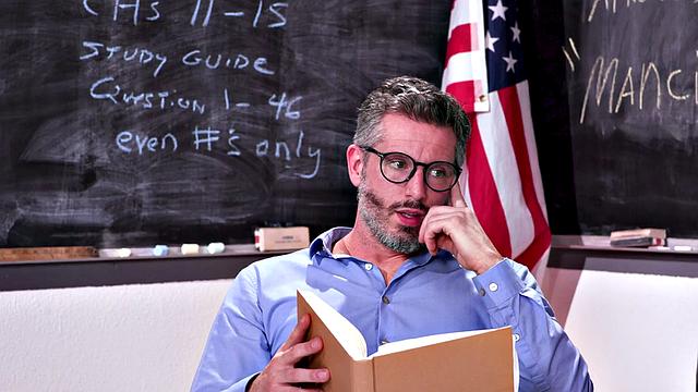 Hairy college babe banged by her teacher in the classroom