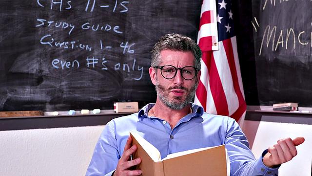 Hairy college babe banged by her teacher in the classroom