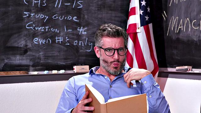 Hairy college babe banged by her teacher in the classroom