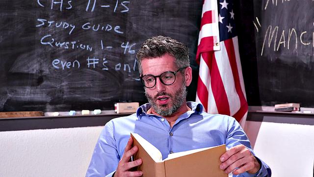 Hairy college babe banged by her teacher in the classroom