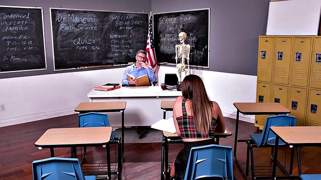 Hairy college babe banged by her teacher in the classroom