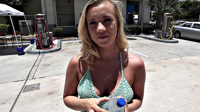 Blonde cutie with a tattoo sucks and fucks in public like a pro