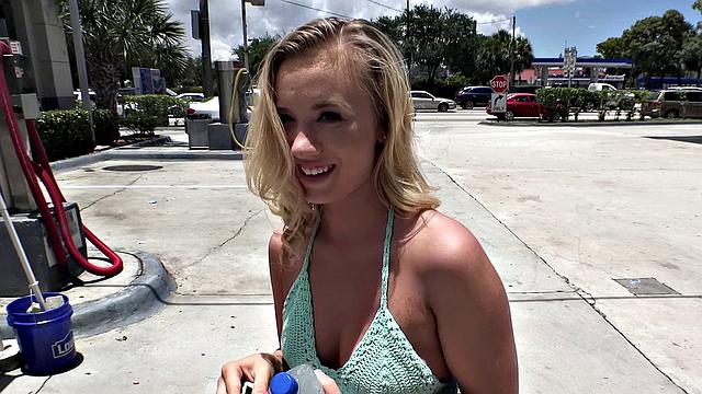 Blonde cutie with a tattoo sucks and fucks in public like a pro