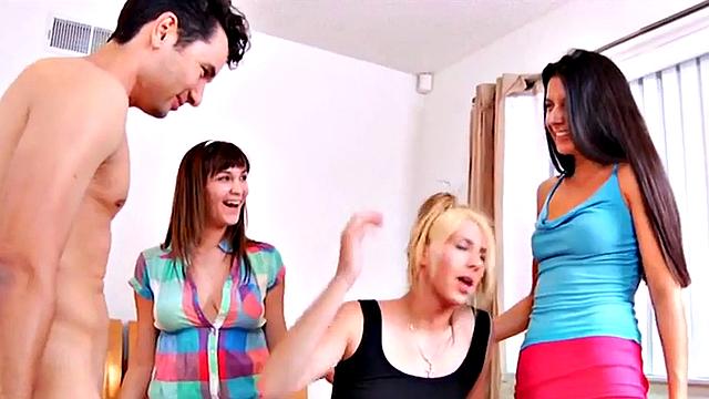 Pegging babes fuck loser in group strapon action