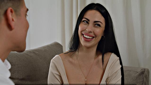 Beautiful black-haired with large tits, Sapphire Astrea, invites Jason Carrera's rock-hard man-meat for a lucky fuck-fest in total HD