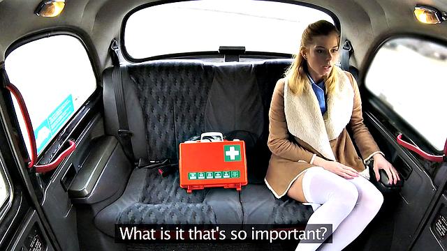 Naughty nurse in lingerie gets her tiny tits and pierced pussy drilled in car