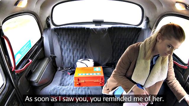 Naughty nurse in lingerie gets her tiny tits and pierced pussy drilled in car