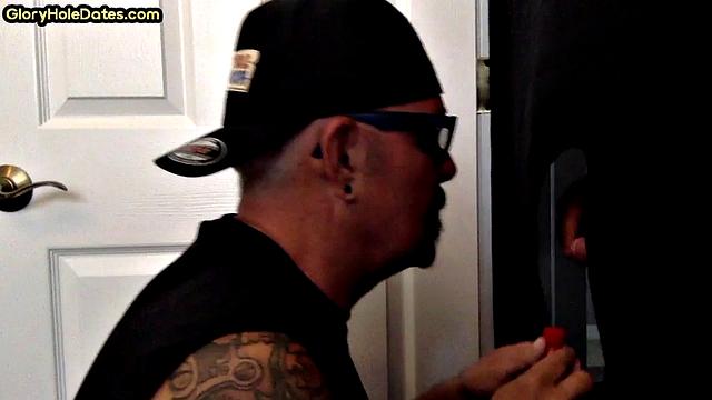 Gloryhole mature sucks and jerks dick till tasting cum