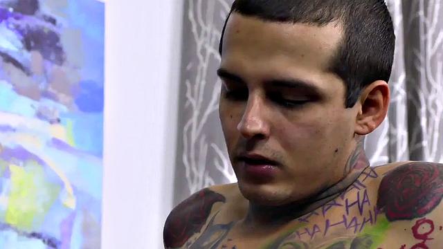 Tattooed BF gives hairy cock a sloppy BJ in the bedroom