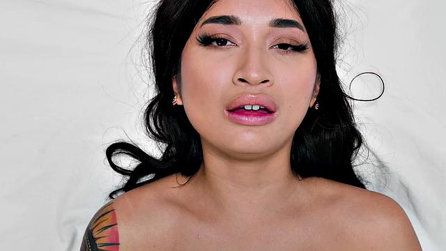 Inked babe solo fingering herself after interview