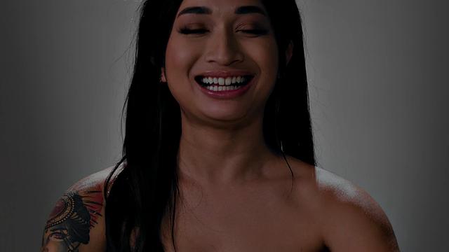 Inked babe solo fingering herself after interview