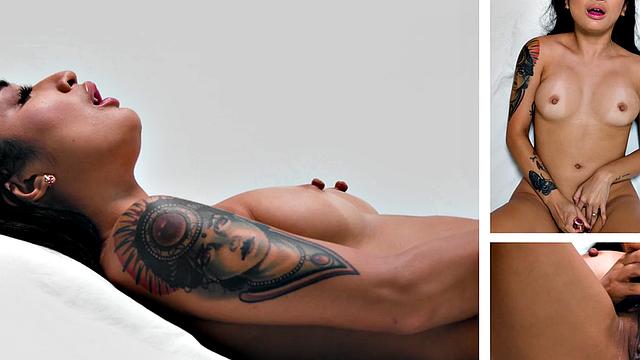 Inked babe solo fingering herself after interview