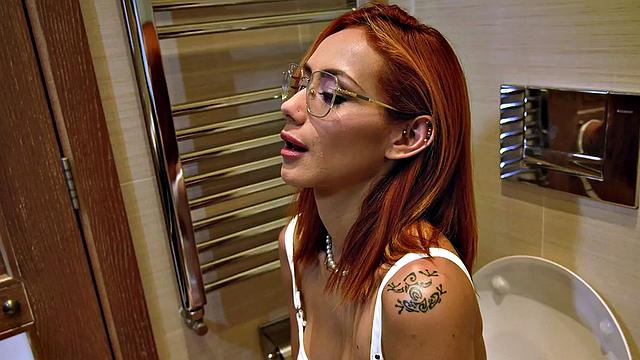 A bald redhead get her tight ass drilled by a big white dick while wearing glasses