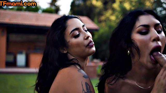 DTF stepmom teaches couple to fuck in outdoor action