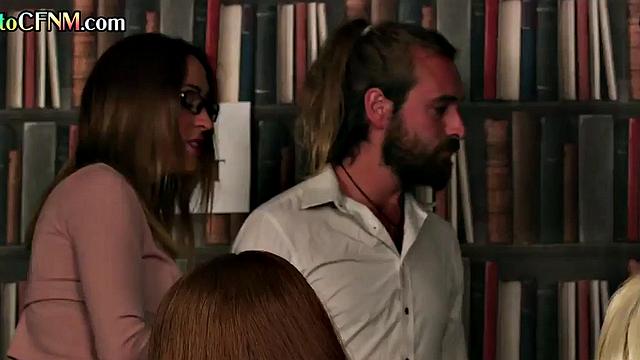 CFNM femdom babes from the library give public voyeur a 3some BJ