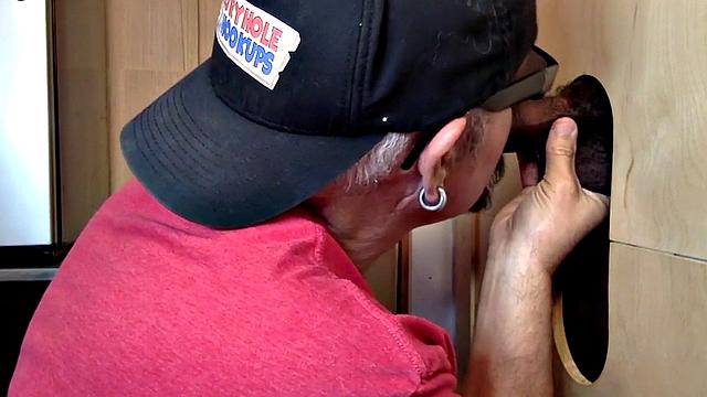 Gloryhole gay sucks big dick while stroking