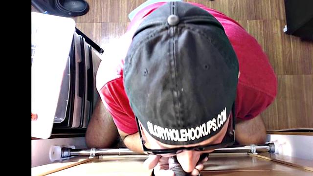 Gloryhole gay sucks big dick while stroking