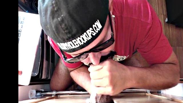 Gloryhole gay sucks big dick while stroking