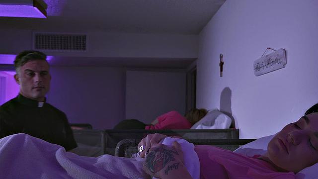 CFNM domina fucks priest asshole in church dormitory