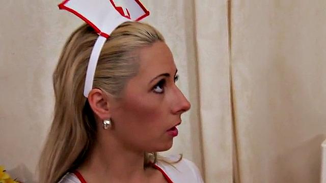 Pegging nurses fuck sissy asshole in 3some with dildo