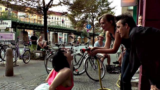 Busty german humiliated outside before cock riding